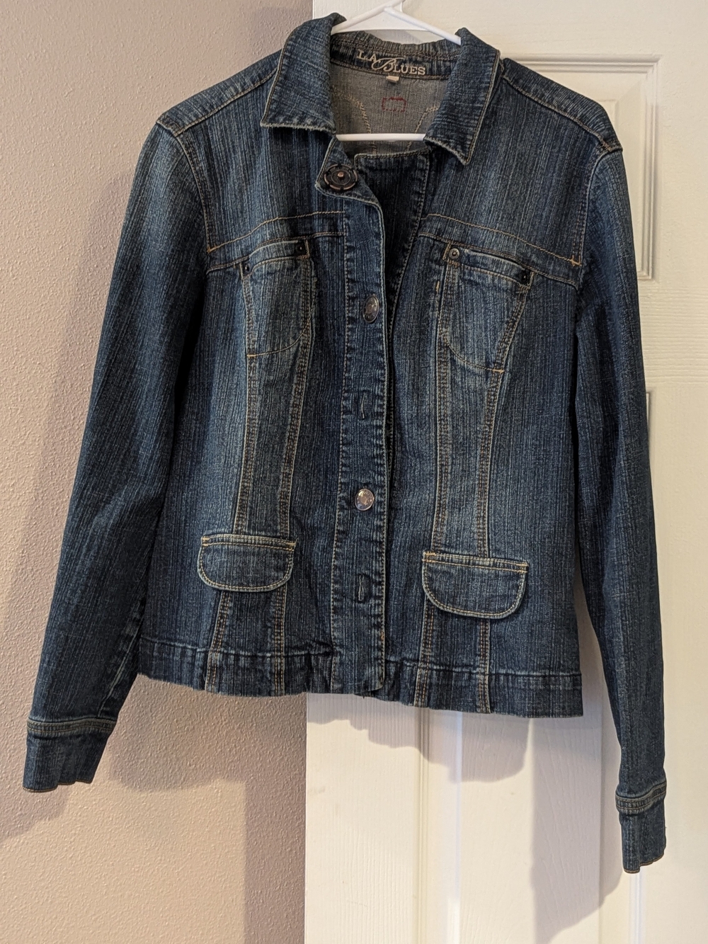 LA Blue Dark Blue Denim Jacket with Contrast Stitching
